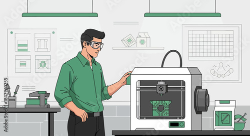 Man operating a 3D printer in a modern workshop, embodying innovation and precision engineering