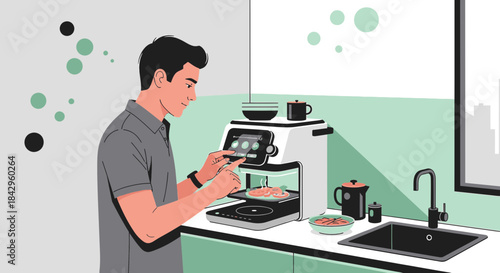 Man operating smart kitchen appliance with touchscreen interface modern kitchen scene