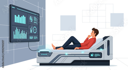 Man using futuristic medical bed with diagnostic display for analysis and treatment planning