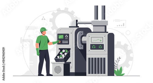 Modern eco-friendly manufacturing process illustration showing automation and responsible waste