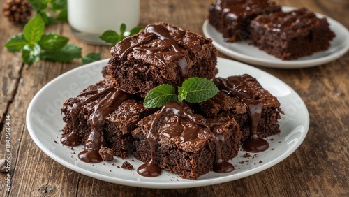 Rich chocolate brownies with melted chocolate on top, served on a white plate. Delicious homemade dessert, perfect for a sweet treat.
