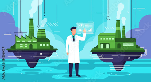 Modern environmental engineer analyzes industrial data for sustainable future strategy