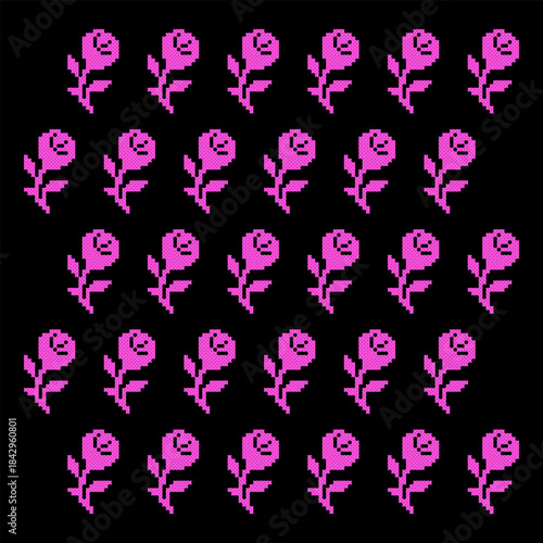 Seamless Rose Flower Black and Pink Pattern in Cute lace Naive Style.