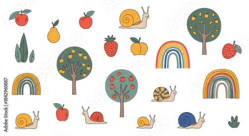 Scattered autumn cartoon elements featuring adorable snails, fruitful apple trees, colorful fruits, green leaves, and charming rainbows, on white.