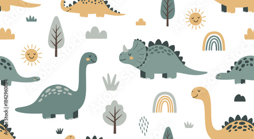Whimsical seamless pattern featuring adorable cartoon dinosaurs, happy suns, fluffy clouds, and colorful rainbows, perfect for children's designs.