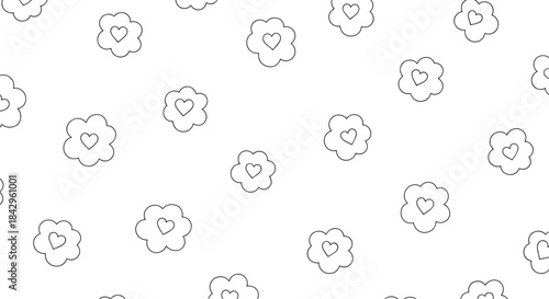 Minimalist seamless pattern featuring scattered simple outline flowers with delicate hearts in their centers on a clean white background.