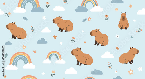 Charming seamless pattern featuring adorable capybaras, fluffy clouds, pastel rainbows, and delicate flowers on a light blue background.