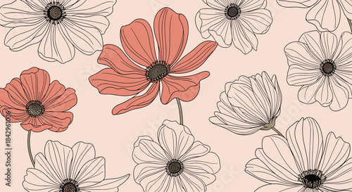 Elegant seamless pattern showcasing an array of flowers, some outlined and some filled with soft peach tones, on a gentle pink background.