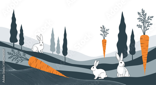 Serene landscape illustration depicting charming rabbits hopping through a field adorned with oversized carrots and elegant tall trees.