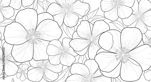 Elegant seamless pattern featuring intricately detailed outline flowers, reminiscent of cherry blossoms, creating a beautiful botanical design.