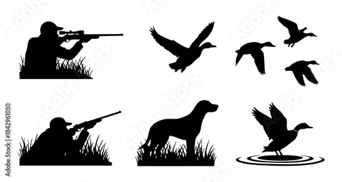Hunting Silhouette Icon Set with Duck, Birds and Hunter Scenes