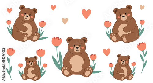 Heartwarming illustration of cute cartoon bears, both adult and baby, sitting among delicate flowers with floating hearts on white.