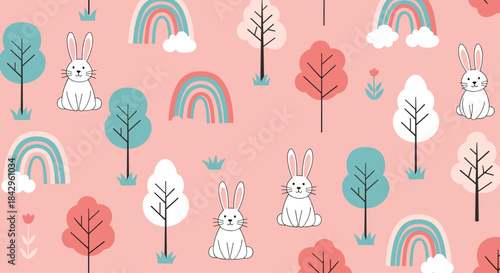 Sweet seamless pattern featuring adorable white rabbits, colorful trees, pastel rainbows, and charming flowers on a soft pink background.