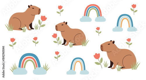 Adorable collection featuring cute capybaras, charming rainbows, and colorful flowers with green grass, arranged playfully on white.