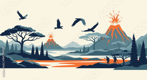 Dramatic stylized landscape illustration depicting erupting volcanoes, soaring birds, observing people, and serene natural elements.