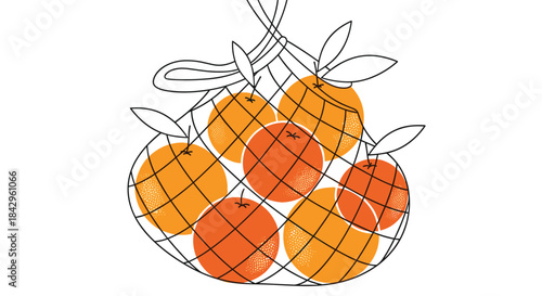 Minimalist illustration depicting a reusable mesh bag filled with vibrant, fresh oranges and green leaves, promoting sustainable living.