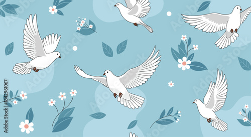 Peaceful seamless pattern showcasing white doves flying gracefully amidst scattered white flowers and green leaves on a soft blue background.