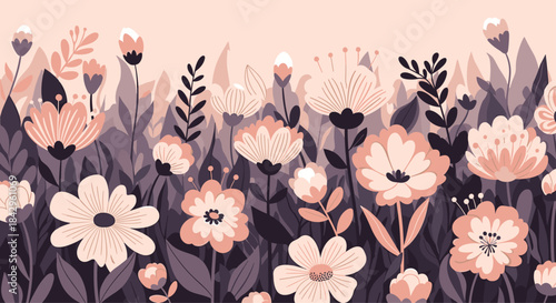 Elegant seamless border featuring an abundance of various stylized flowers and tall grass in a beautiful blend of muted pink and purple tones.