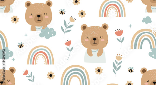 Sweet seamless pattern featuring adorable cartoon bears, cheerful rainbows, fluffy clouds, buzzing bees, and charming flowers.