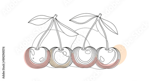 Minimalist line art drawing of four fresh cherries on a delicate branch, complemented by subtle pastel abstract shapes underneath.