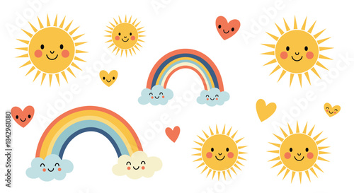 Cheerful collection featuring adorable smiling suns, vibrant rainbows with happy clouds, and cute hearts, isolated on white.