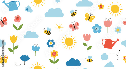 Cheerful seamless pattern featuring bright suns, fluffy clouds, buzzing bees, colorful butterflies, watering cans, and blooming flowers.
