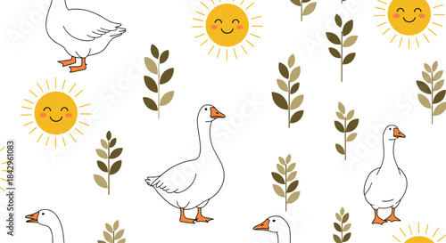 Cheerful seamless pattern depicting cute outline geese, happy smiling suns, and stylized leaves on a clean white background.