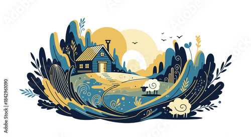 Rustic stylized landscape illustration of a charming rural scene with a house, rolling hills, sheep, and suns, framed by organic shapes.