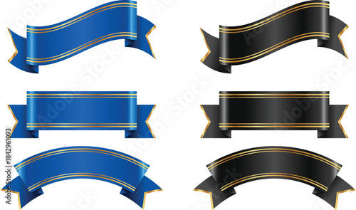 Luxury Ribbon Banner Set – Blue and Black Golden Trim Award Ribbons – Vector Illustration