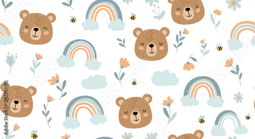 Sweet seamless pattern featuring adorable cartoon bear faces, cheerful rainbows, fluffy clouds, buzzing bees, and charming flowers.