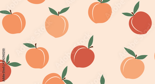Refreshing seamless pattern featuring a delightful arrangement of ripe, juicy peaches with green leaves, creating a fresh and vibrant fruit motif on a soft light background.