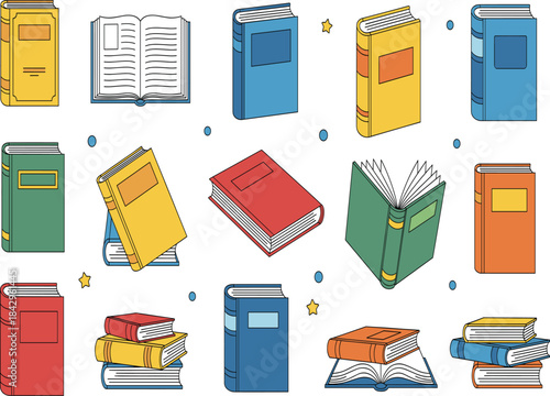 Set of 15 colorful flat vector illustrations of various books, featuring open books, closed stacks, and single volumes, symbolizing education, knowledge, reading, library, and learning concepts.