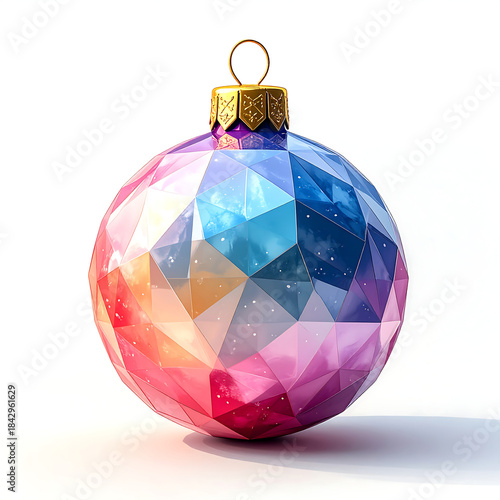 Colorful faceted Christmas ornament bauble with pastel galaxy reflections, frosted low poly polygonal surface evoking festive wonder