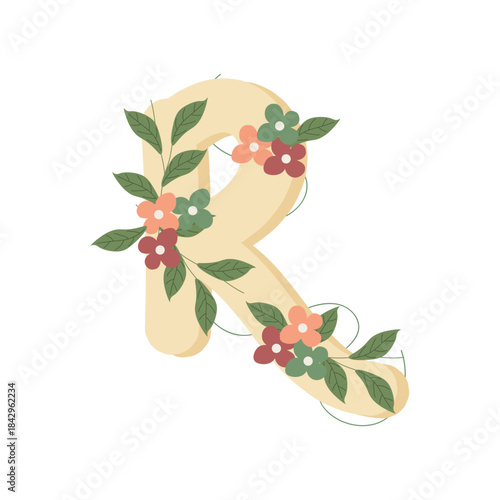  letter R in flat style, decorated with colorful flowers and green leaves, creating a delicate and botanical look. Ideal for invitations, stationery.