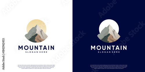 mountain logo with snowy peak, natural beauty, nature conqueror, explorer, camping, graphic vector template.