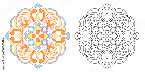 Set of two mandala designs versions, one colored in warm tones and one black and white outline for coloring