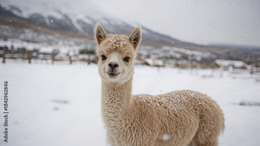 Fototapeta premium Llama in snowy landscape with mountains and fences, winter scene, fluffy coat.