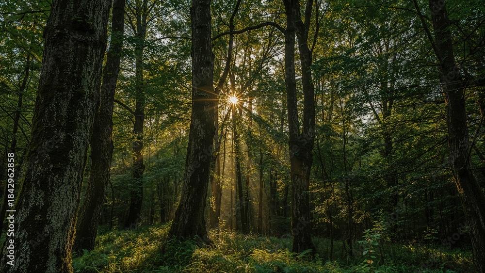 Obraz premium Sunlight streaming through trees in a forest scene. Nature and wilderness, concept. Environmental and ecological themes. The beauty of forest landscapes.
