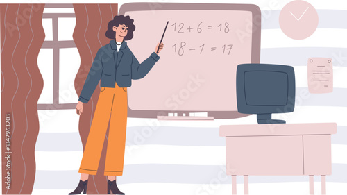 Math teacher. Young woman show arithmetic equation