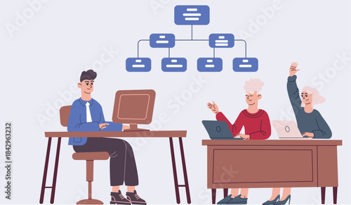 Teacher show diagram to pupils in classroom. Color students