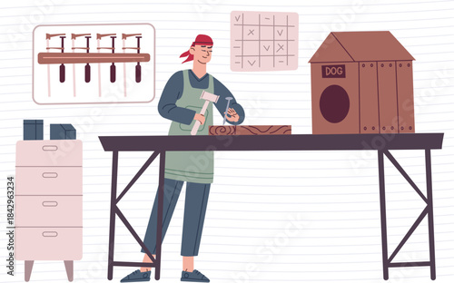 Man in woodwork class make wooden birdhouse color scene