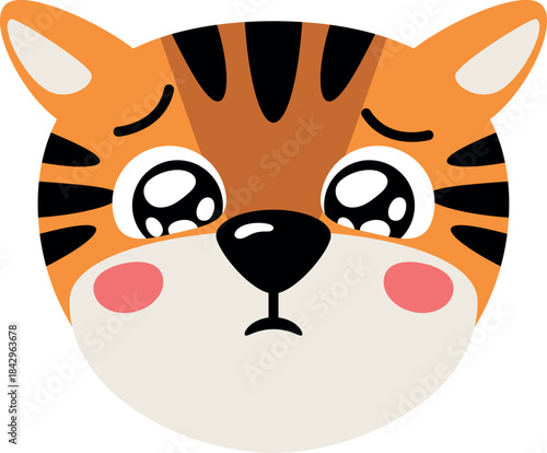 Frowning tiger emoticon. Unhappy animal comic head