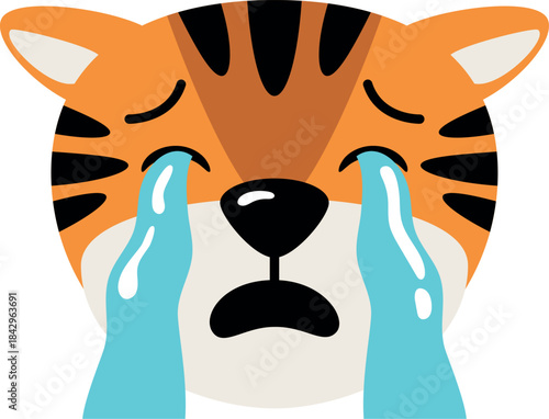 Crying tiger face. Animal tears cartoon emoji