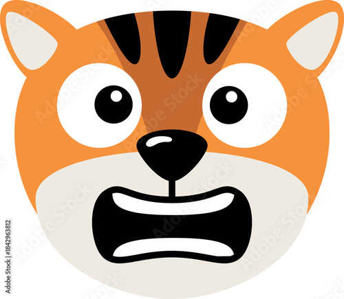 Astonished tiger face. Cartoon animal head expression