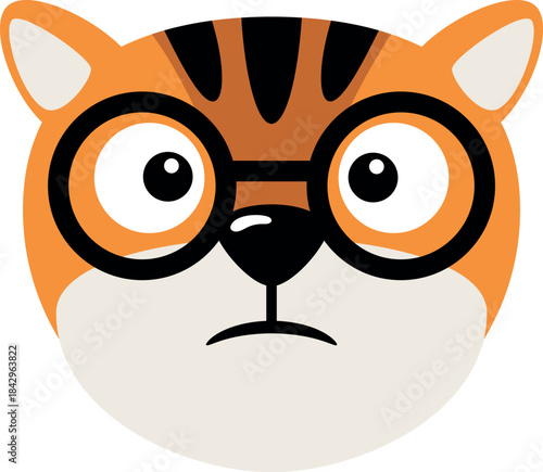 Sad tiger face in glasses. Comic animal expression