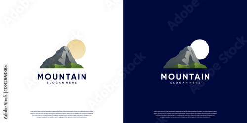 mountain peak with sun, symbol of wilderness explorer, graphic design template.