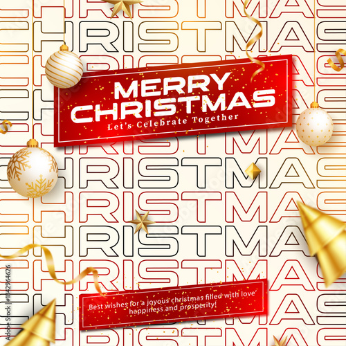 Merry christmas background greeting card banner, Golden and red luxury christmas celebration design, Festive christmas poster with ornaments and ribbon, Holiday party template merry christmas wishes