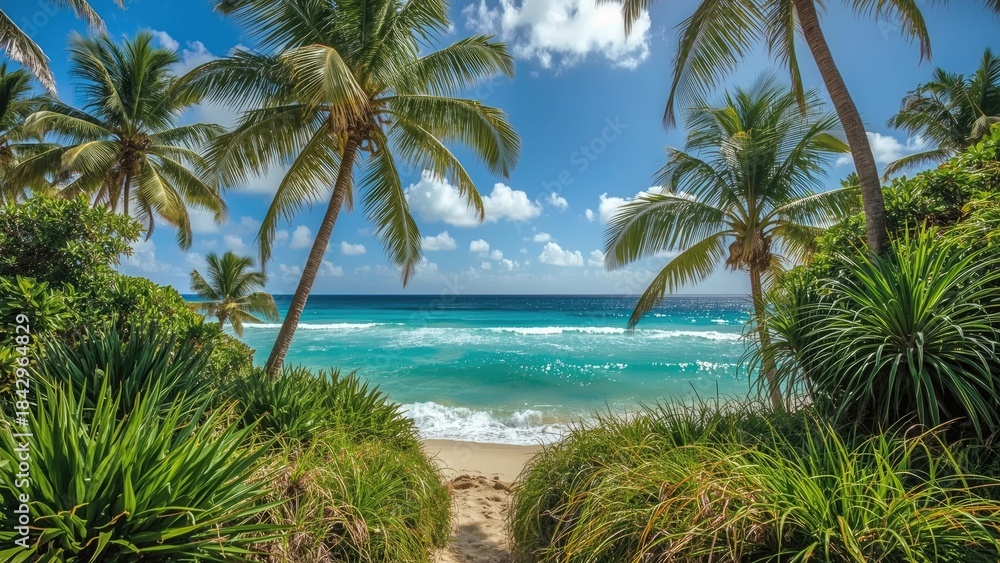 Fototapeta premium Tropical beach scene with palm trees, blue ocean, and sandy shore, framed by lush green foliage under a bright sky.