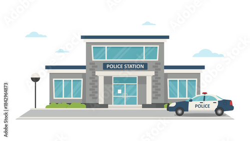 Flat illustration of a police station building. Suitable for city maps, urban infrastructure themes, public services graphics, security concepts, and educational materials.