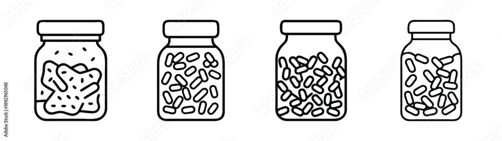 Fototapeta premium Line art illustration of various food items stored in glass jars on a white background Vector